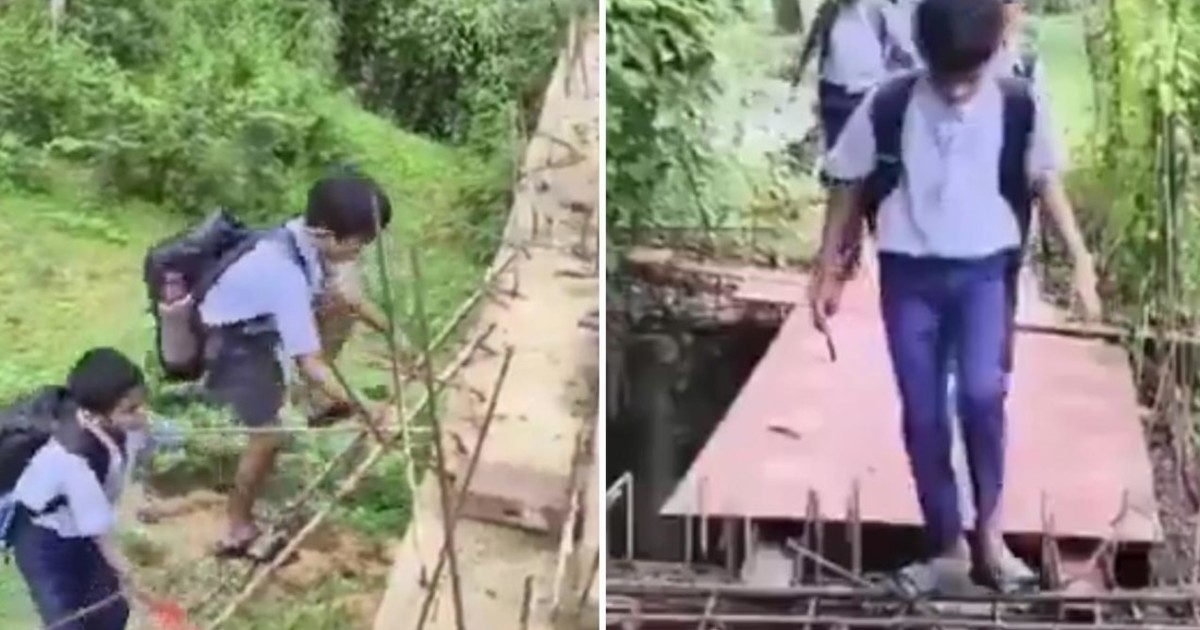 Riesgo diario: niños cruzan un puente incompleto para llegar a la escuela